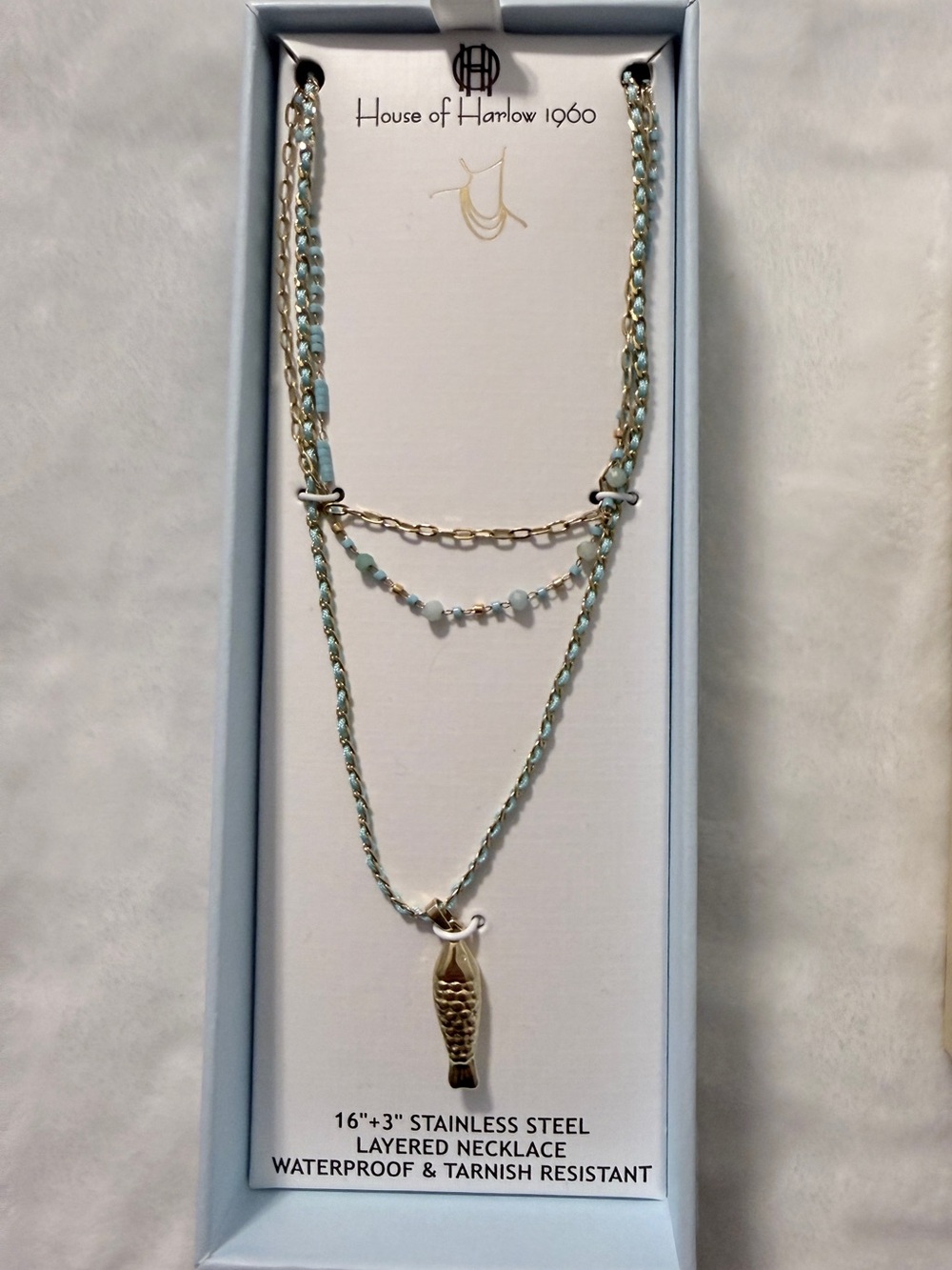 House of Harlow 1960 Gold with Light Blue Layered Fish Pendant Necklace